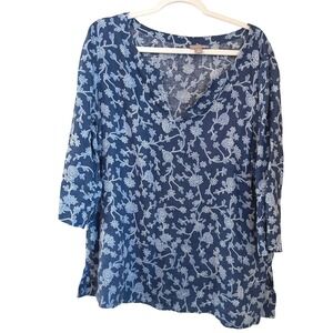 J.Jill Size L Blue Linen Floral Print 3/4 Sleeve Tunic Top Summer Vacation